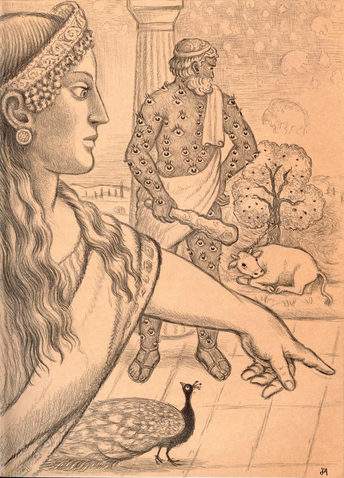 An illustration from the book, Hera pointing toward Argus, white cow Io in the background.
