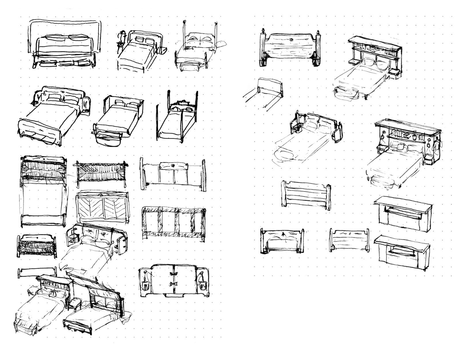 Multiple sketches of headboard designs, some with canopies or “arms” wrapping around the head of the bed.