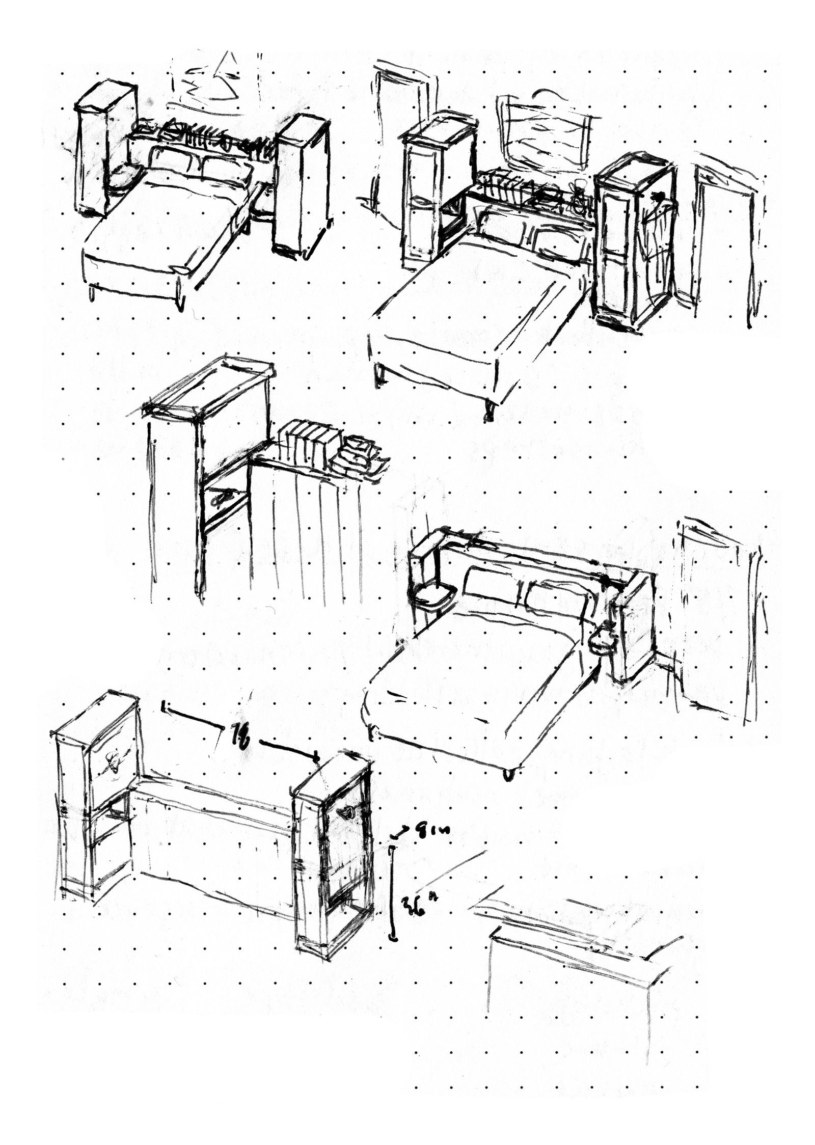 Sketches of two cabinet units flanking a thick headboard, with cubbies in the cabinets for bedside storage.
