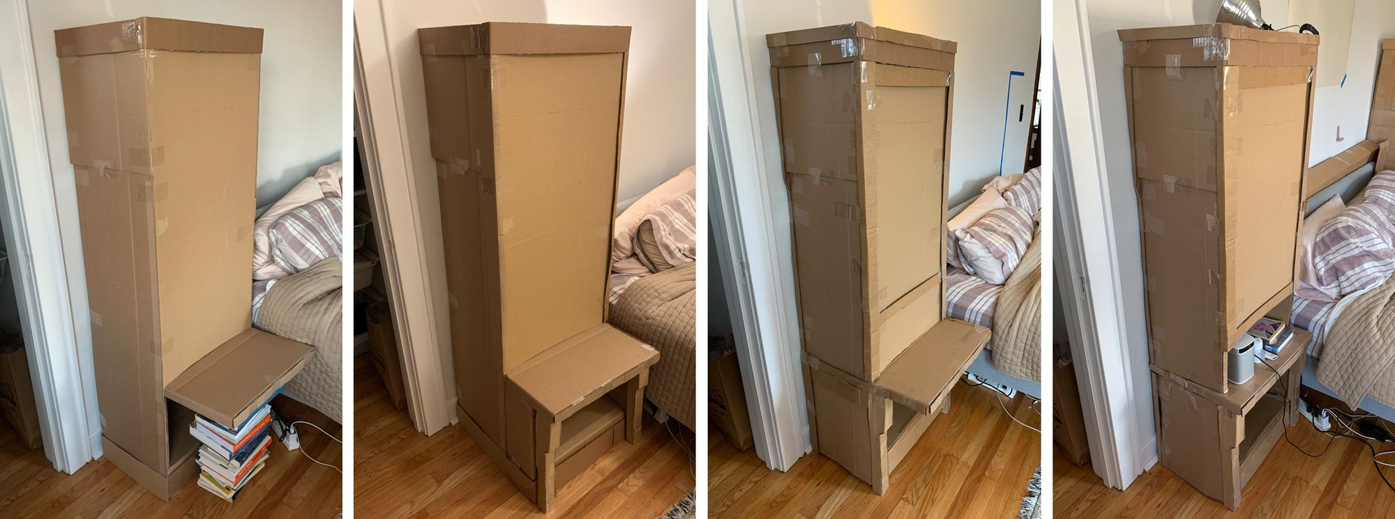 Evolution of cabinet design: with overhanging shelf, legs and side supporting overhang, reduced overhang, then cutout into cabinet with 2-3 inch overhang.