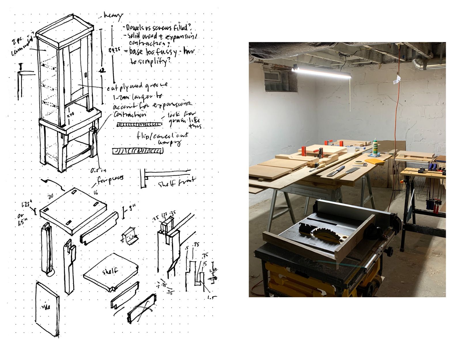 Sketch with exploded view of base, next to in-progress photo of glued boards drying on sawhorses.
