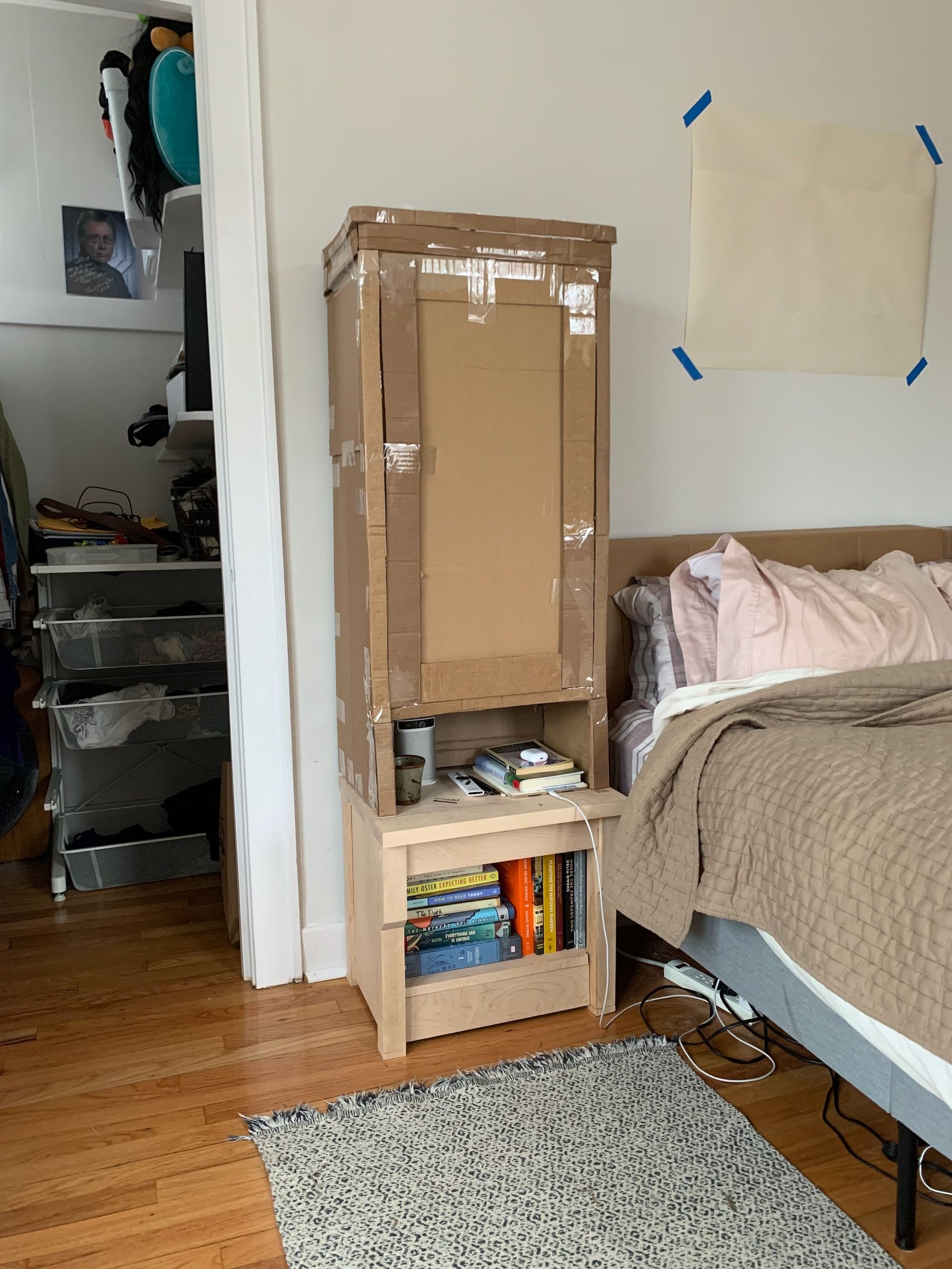 Completed base in situ, with cardboard hutch on top and books in place.