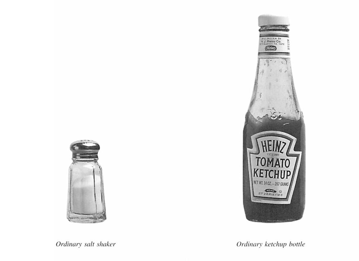 Two objects, an an ordinary glass and metal salt shaker on left, a glass Heinz Tomato Ketchup bottle on right.