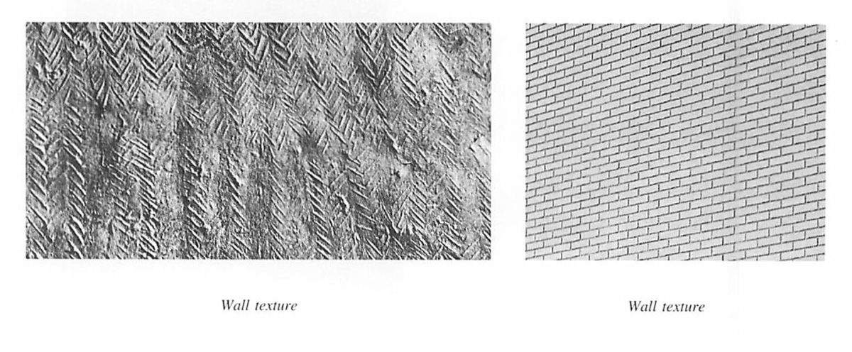 Two wall textures, the left with a fernlike pattern in soft stone, the right a uniform brick.