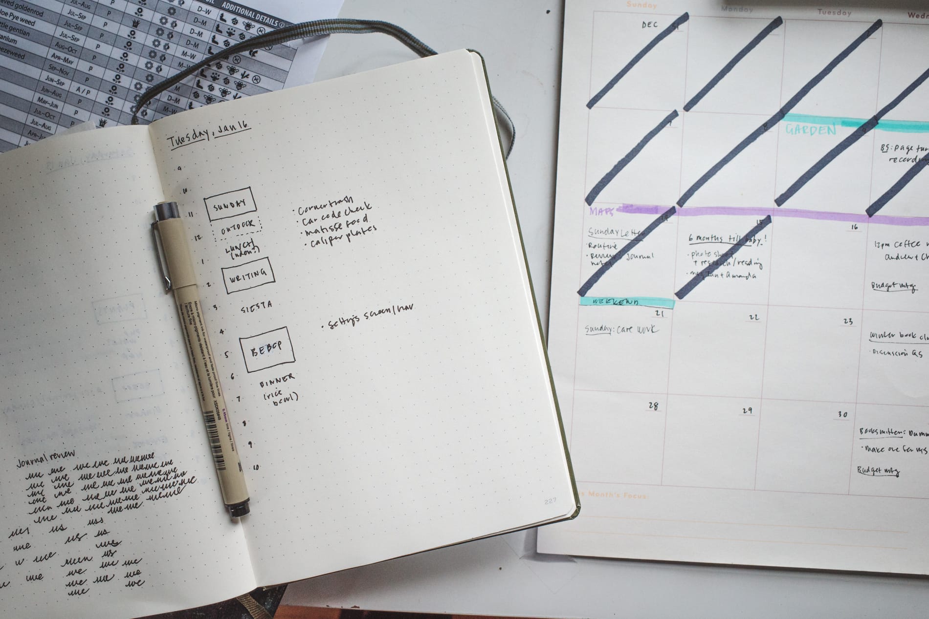 Journal open on desktop, pen in gutter, monthly planner pad underneath.