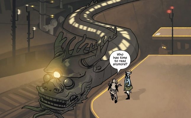 Panel from saga, serpent train, one character saying to another, Who has time to read anymore?