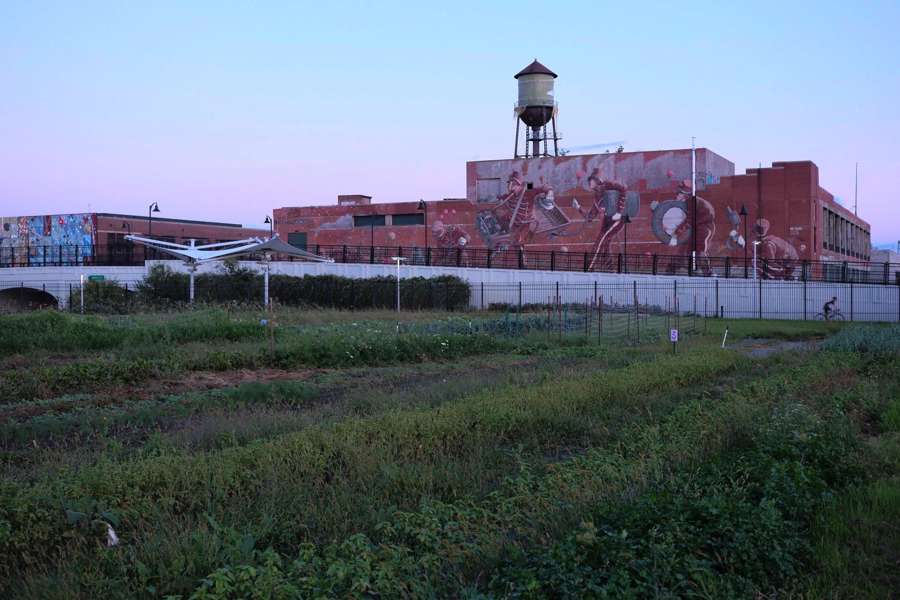 Lush green vegetable garden rows, graffitied warehouses, cotton-candy blue and pink sky.