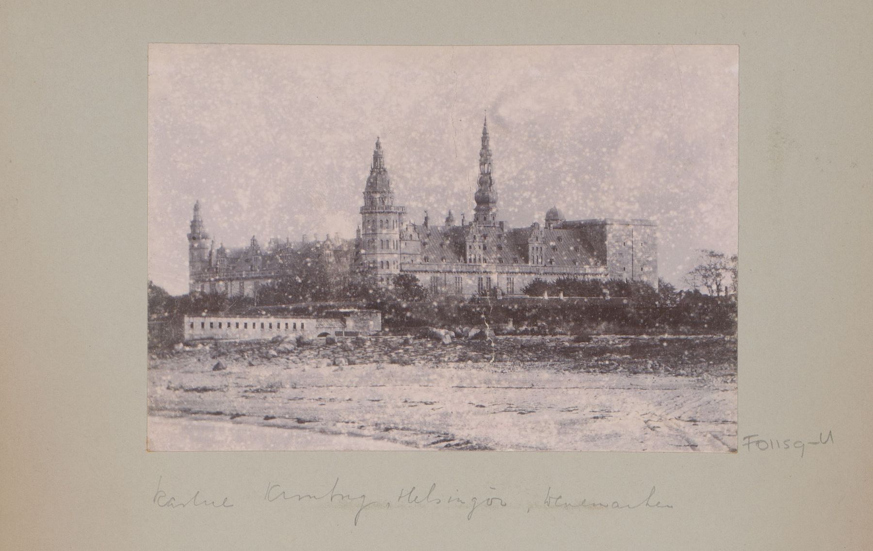 Black and white photo of Kronborg Castle in Denmark, snow-like discolorat