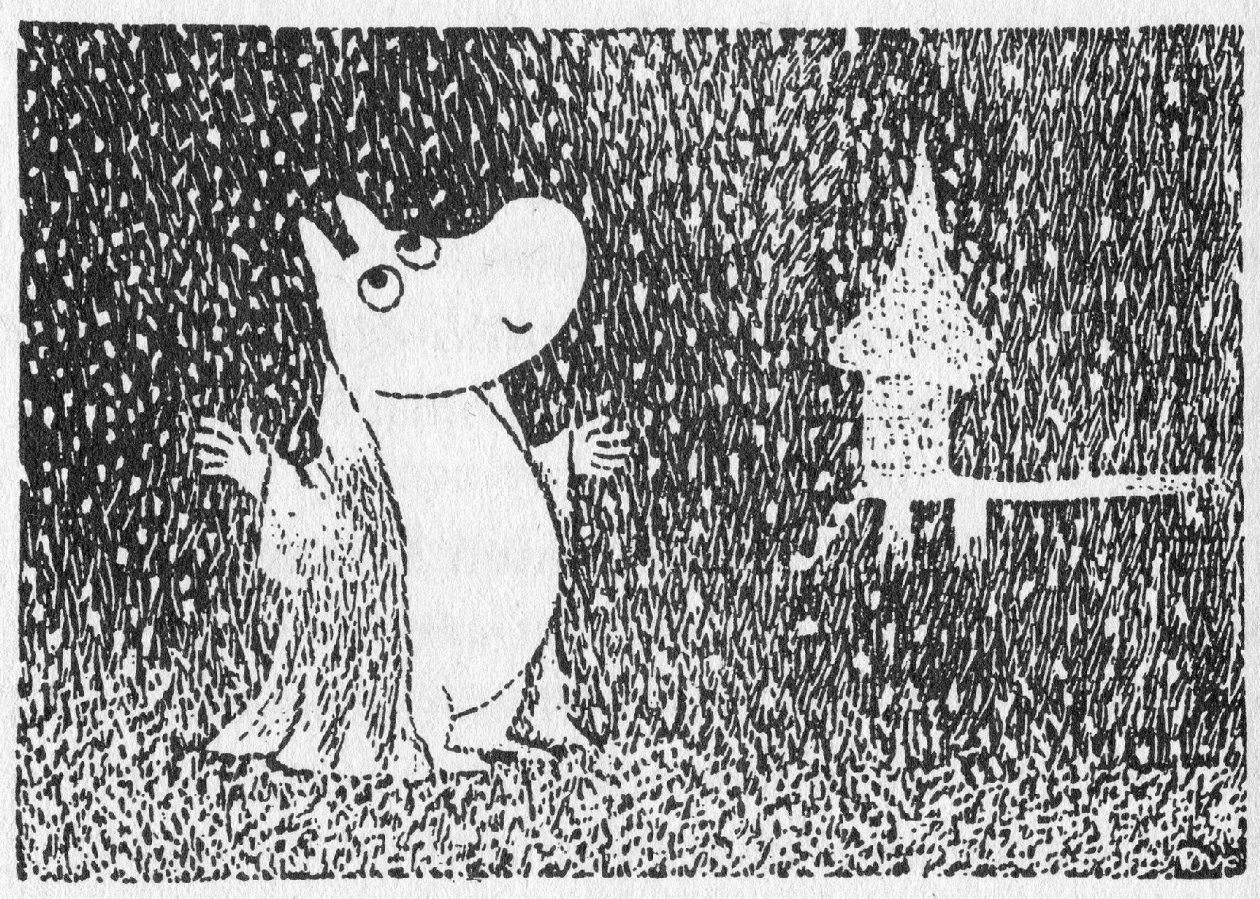 Tove Jansson’s illustration of Moomintroll in a robe, arms open to the snow.