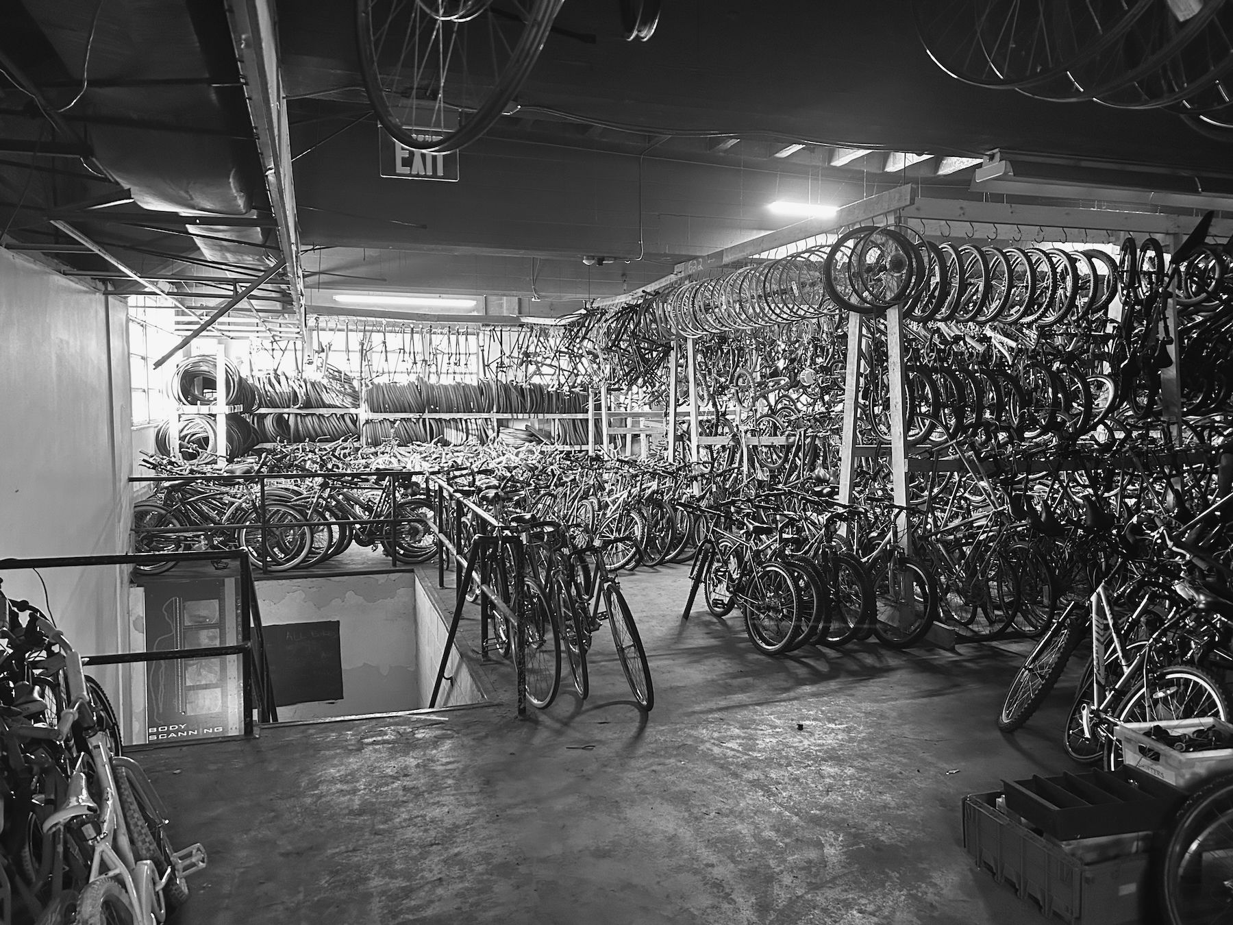 Black and white photo: cavelike full of old bikes and tubes, standing in rows and hanging from racks.