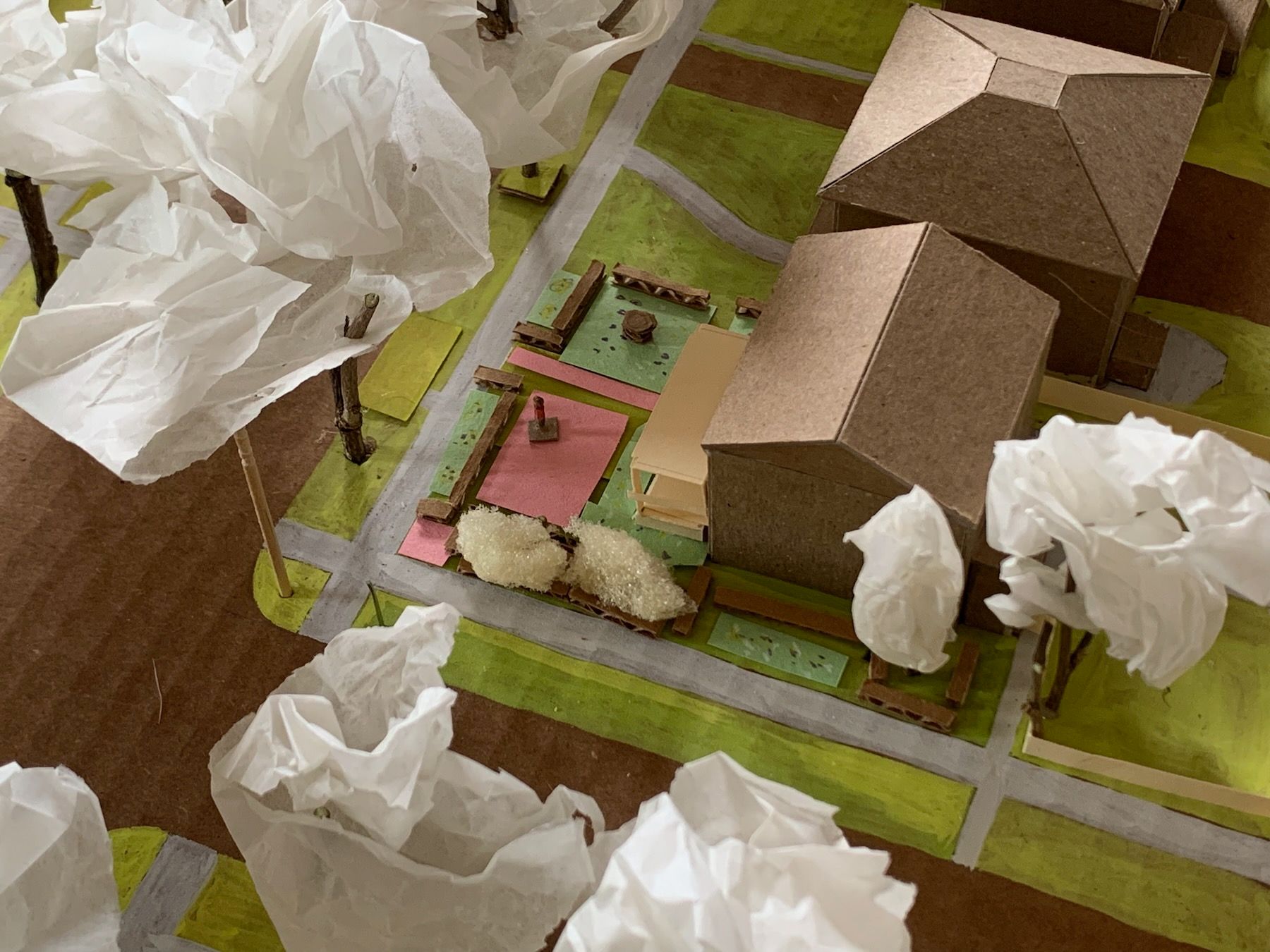 Front yard design with construction paper, cardboard, on 1:200 scale model of neighborhood