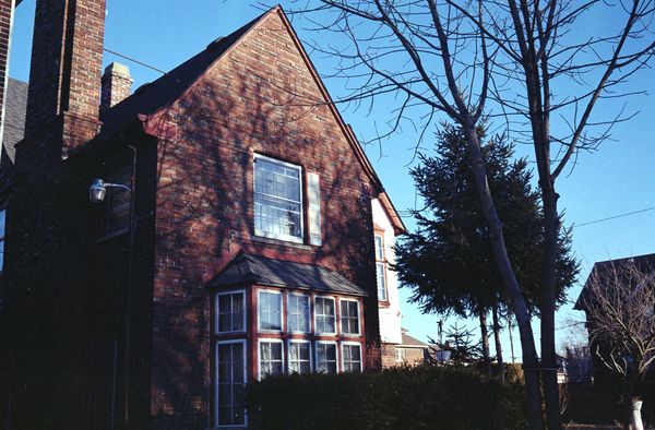 Tree branch shadows thrown on a brick house.