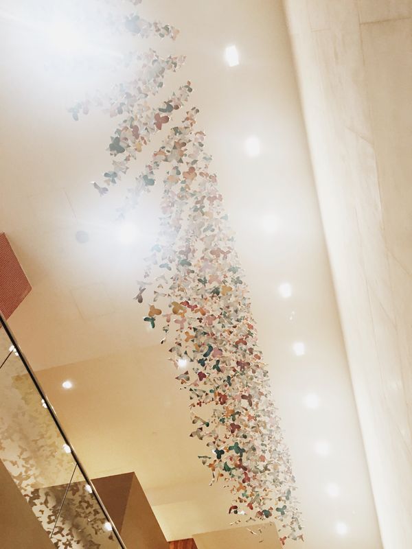 Looking up at ceiling, strings of colorful mobiles.