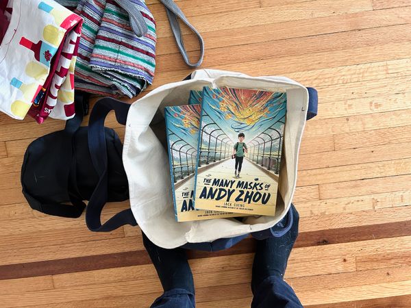 POV looking down at canvas bag with half a dozen hardcovers version of The Many Masks of Andy Zhou.